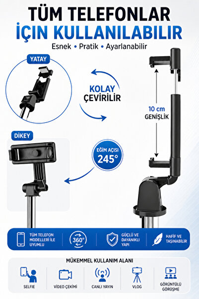 BlissOn Bluetooth Kumandalı Selfie Çubuğu – Tripod Özellikli, Uzatılabilir Telefon Tutucu Monopod
