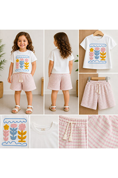 Wow colors Set tricou și pantaloni scurți pentru fete cu broderie florală – S...