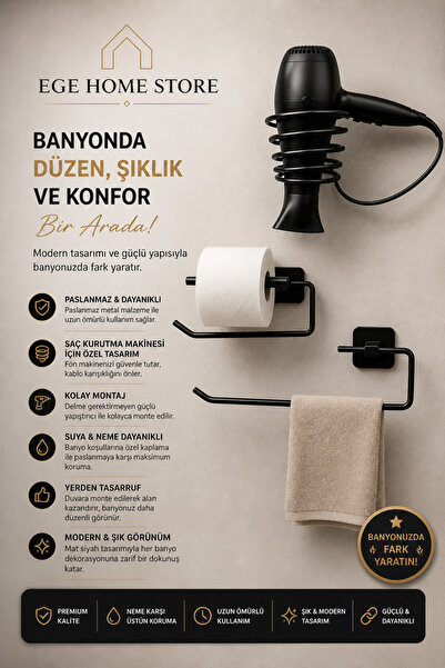 EGE HOME STORE Paslanmaz 3lü banyo seti fön makinesi askısı wc tuvalet kagıtl...