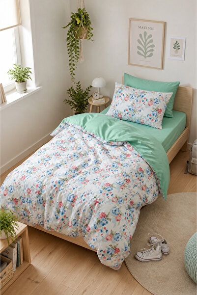 MyStory Home Single Duvet Cover Set with Fitted Sheets Roseto-Green