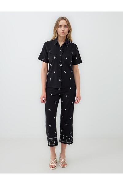 Jimmy Key Pantaloni negri 100% bumbac, cu picioare largi, cu model de palmier