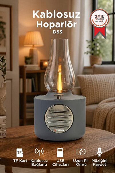 Torima Bluetooth Hoparlör Vintage Gaz Lambası Işıklı Şarjlı Speaker D53 Gri