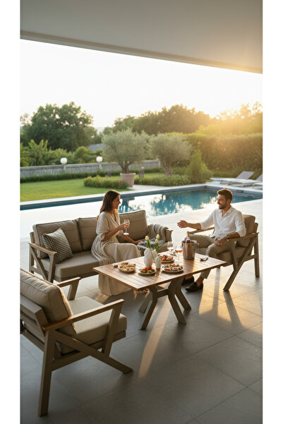 BALCO HOME Açelya 3+1+1+Masa Alüminyum Bahçe Balkon Oturma Grubu Cappucino