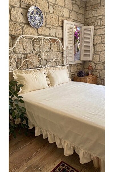 Decamor home Ekru Fırfırlı  Yatak Örtüsü Çift Kişilik Battal Boy Yatak Örtüsü
