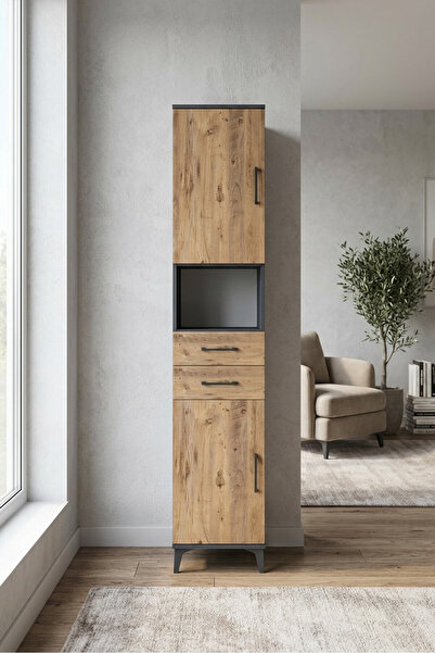 Dienni Hyperion Dolap 4 Raflı 2 Çekmeceli 2 Kapaklı 44x44x221 Antrasit-Çam