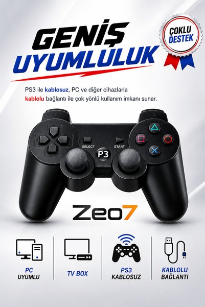 Zeo7 PS3 Uyumlu Kablosuz Dual Analog Oyun Kolu – Wireless Controller Gamepad