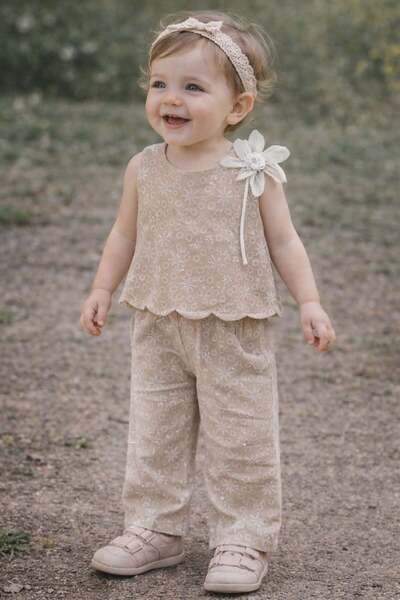 Marka Sweetme girl's shoulder flower detailed 2-piece set 6-9 years beige