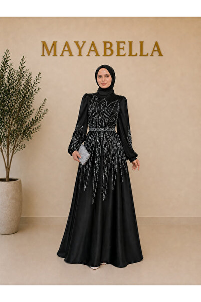 MayaBella Saten Taş Detaylı Tesettür Abiye