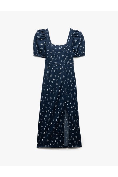Koton Short Balloon Sleeves Lace-Up Back Bodycon Floral Slit Midi Dress Bürümcük