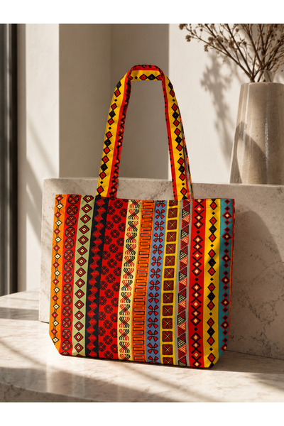 shopExxtra Anadolu Kilim Desenli Keten Omuz Çantası Kadın Omuz Çantası, Geniş Hacimli, Günlük Kullanım