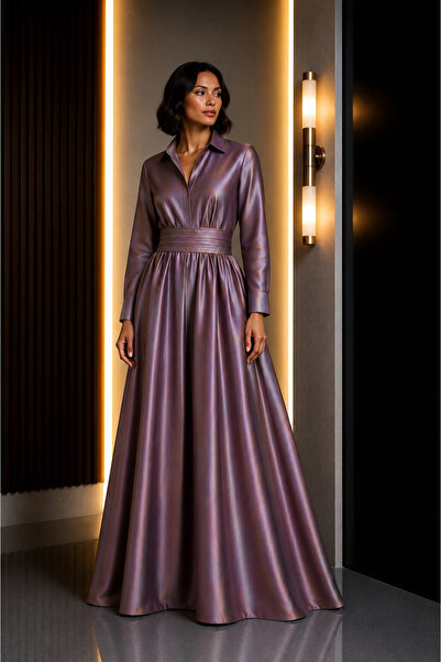 UNTIMELY Pleated Belted & Lilac/Brown Reflective Silky Taffeta Maxi Shirt Dress