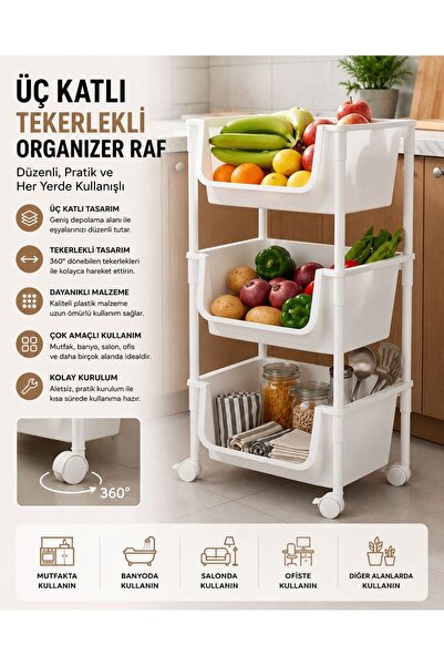 Myplas 3 Katlı Tekerlekli Organizer Raf Modern Portratif Kiler Düzenleyici Se...