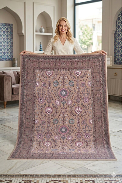 kilim home Klasik Bordo Bej Salon Halısı Çiçekli Vintage Desen Dekoratif Otur...