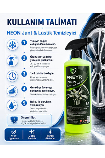 FREYR Neon Jant Ve Lastik Temizleyici 1 Lt - Ağır Kir Ve Yağ Sökücü Profesyonel Temizleme Spreyi