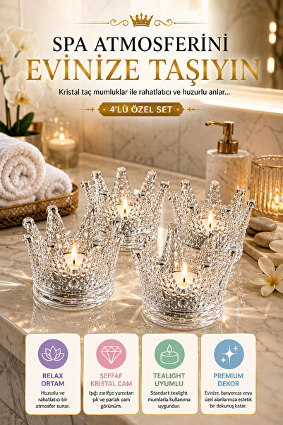 Open Home Concept 4'lü Set Kristal Taç Mumluk Şeffaf