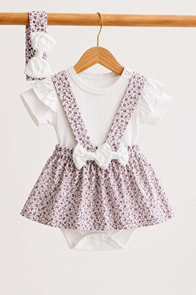 Baby Girl Floral Pattern Bandana 3pcs Set Short Sleeve Bottom Snap Bodysuit+Rib Dungaree Dress