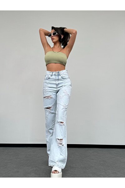 HerTon Light Blue Washed High-Waisted Wide-Leg Ripped/Destroyed Detail Jeans.