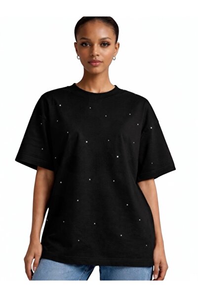 moho Tricou oversized Negru din Bumbac , cu cristale aplicate