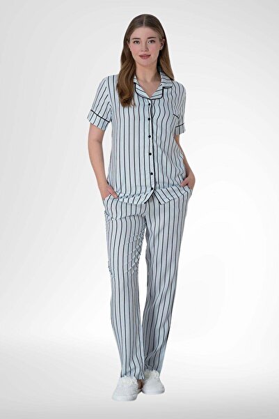 Mecit Pijama Mecit 6016 - طقم بيجامة نسائي مخطط باللون الأزرق بأزرار