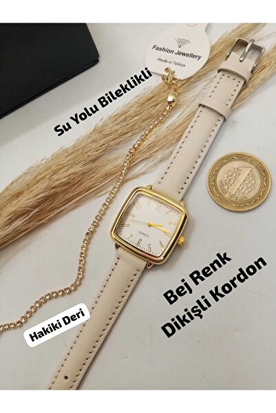 Brality HAKİKİ DERİ Bej Renk Dikişli Kordon Vintage Oval Kare Kadın Kol Saati...