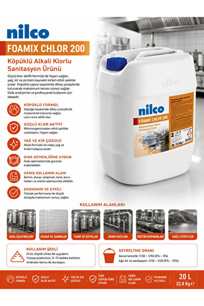 nilco 32001812 Foamix Klor 200 Köpüklü Alkali Klorlu Sanitasyon Ürünü 20 L