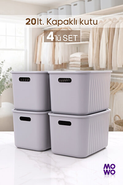 MOWO 20 Liter 4 Pieces Gray Storage Box with Lid, Closet Organizer, Basket, O...