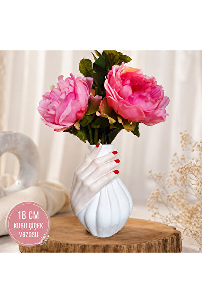 FourClovers El Figürlü Dekoratif Kuru Çiçek Vazosu – 18 cm (Vazodaki çiçekler...