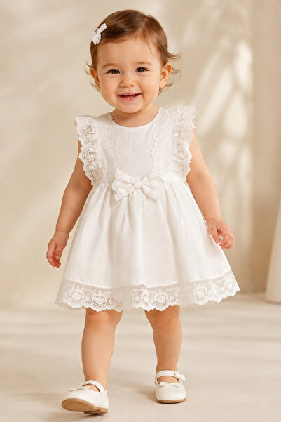 Luludy Kids Beyaz Dantel Detaylı Kız Çocuk Elbise
