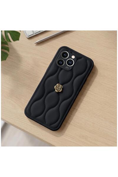 Pro Aksesuar Apple iPhone 15 Pro Max Uyumlu Kılıf Çiçekli Dalgalı Deri Kılıf Siyah