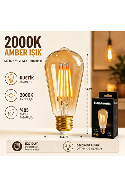 PANASONIC Rustik Filament LED Ampul 2000 Kelvin – Sarı Gold Işık