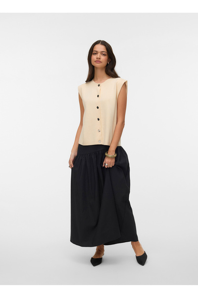 Vero Moda Krem Kadın Düz Standart Triko Kazak VMGOLD SL O-NECK BUTTON VEST BOO