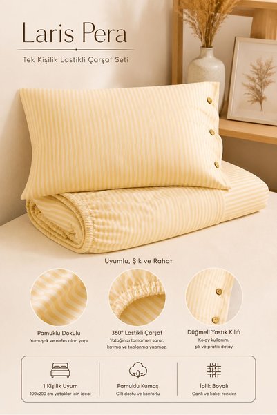 Larispera Single Fitted Sheet Set Cotton Yarn Dyed 100X200Cm Buttoned Pillowcase (50X70Cm1Piece)