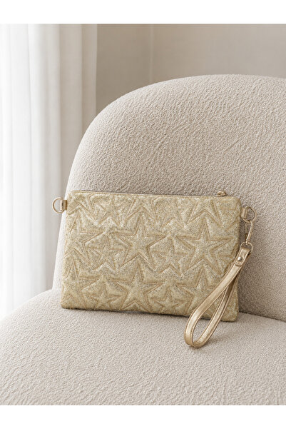 Zealous Geantă clutch și portofoliu auriu cu model de stele, cu curea detașab...