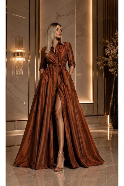 SERAVENZA COUTURE Maxi Boy Seyyar Kuşaklı Önü Fermuar Detaylı Şık Tafta Davet...