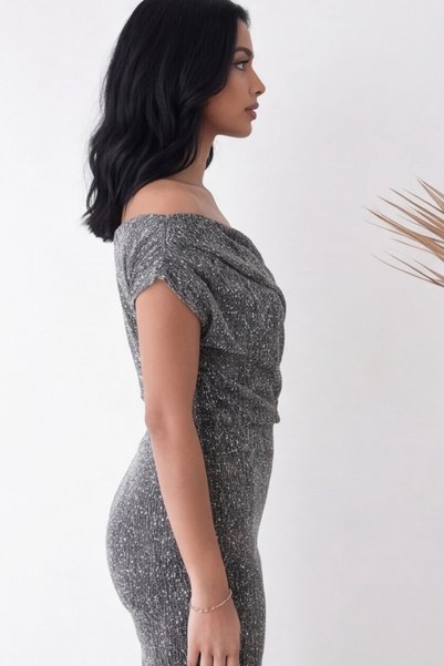 Albie Women's Gray Glittery Two-Piece Set Off-Shoulder Blouse and High-Waisted Wide-Leg Pants Stylish Evening Dress Combination