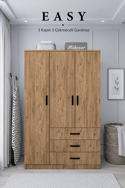 midoser Easy Atlantik Çam 3 Kapılı 3 Çekmeceli Çok Amaçlı Elbise Dolabı