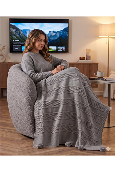 DOUX HOME بطانية تريكو محبوكة بنمط جلد السمكة 110 مع بوم بوم 130 × 170