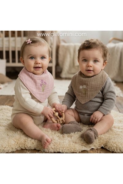 Olivo Mini Newborn Baby Embroidered Scarf/Bib 4 Layers of Muslin