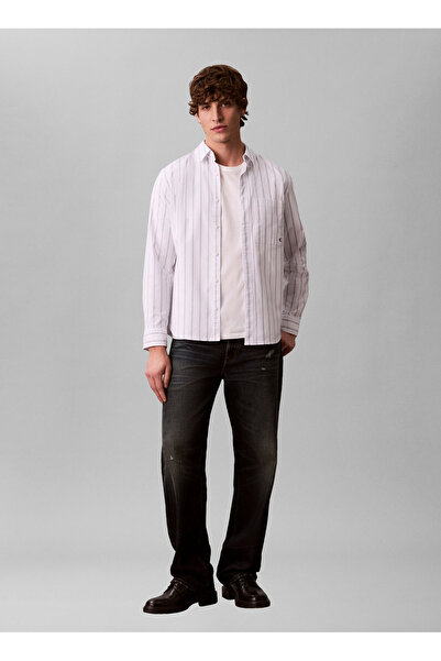 Calvin Klein Jeans Beyaz Erkek Gömlek LV04RE113GYAA LS STRIPE OXFORD
