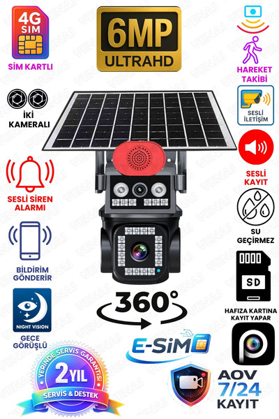 Venas 2 Kameralı Sim Kartlı 7/24 Kayıt Yapabilen Gece Görüşlü Güneş Panelli G...