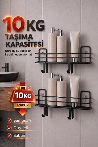 Sas Haus 2'li Siyah Yapışkanlı Banyo Rafı, Duş Şampuanlık, Metal Duvar Rafı (Vidala veya Yapıştır)