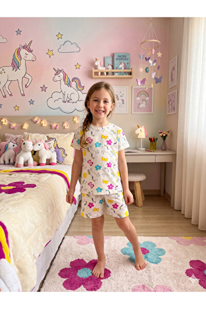 elmas kids Κοριτσίστικο 100% βαμβακερό λευκό μονόκερος λουλούδι με μοτίβο πετ...
