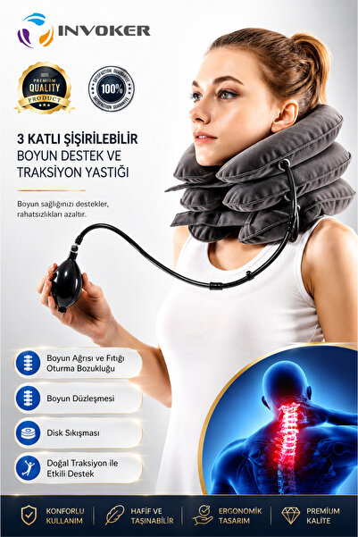 INVOKER 3 Katlı Boyun Fıtığı Oturma Bozukluğu Ortopedik Şişme Boyunluk Yastık...