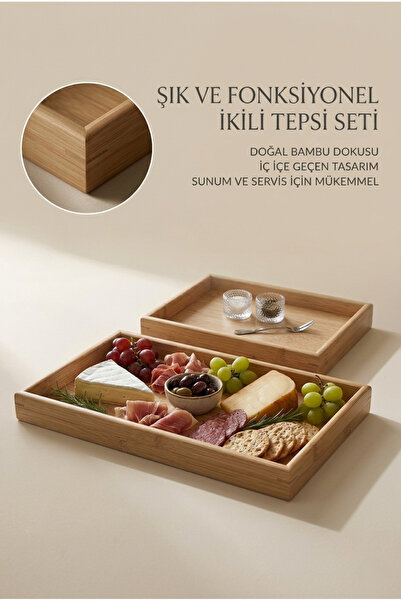 TARIK HOME مجموعة من صينيتين خشبيتين فاخرتين من الخيزران (25 × 35) و (20 × 30)