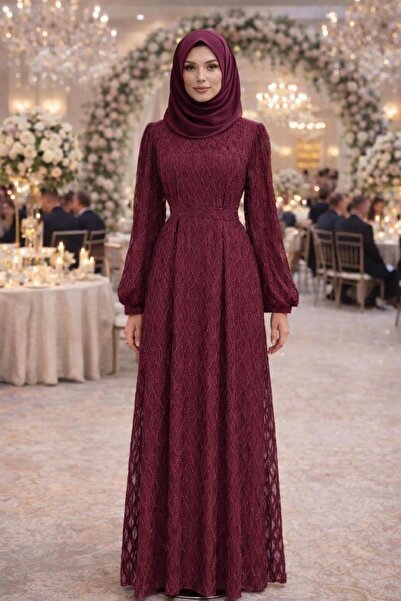 TRENDTESETTÜR KADIN BORDO YAKASI TAŞLI ABİYE ELBİSE T 1463