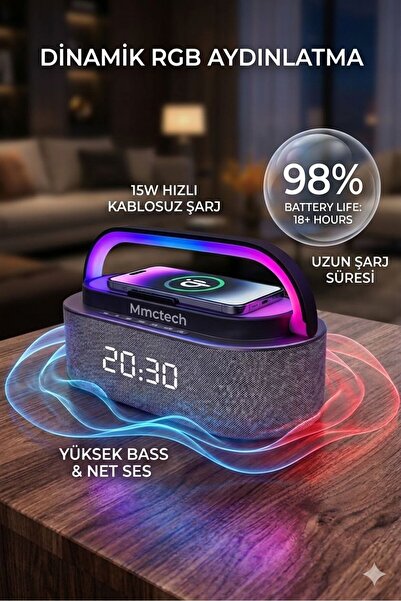 Mmctech Dijital Saat Göstergeli Kablosuz Şarj Özellkli RGB Bluetooth Speaker ...