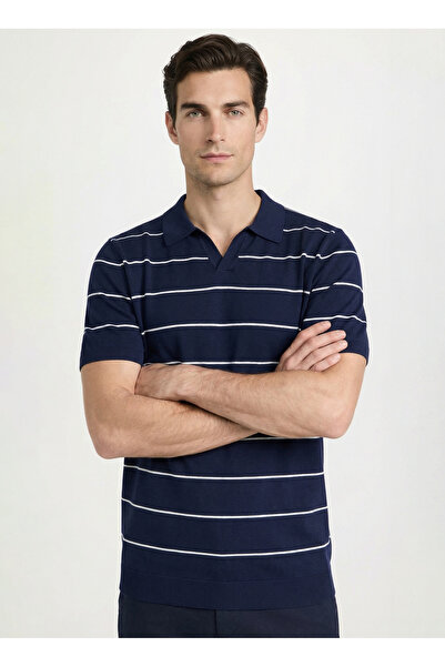 Fabrika Lacivert Erkek Çizgili Slim Fit Triko Kazak F6SM-KZK 2405
