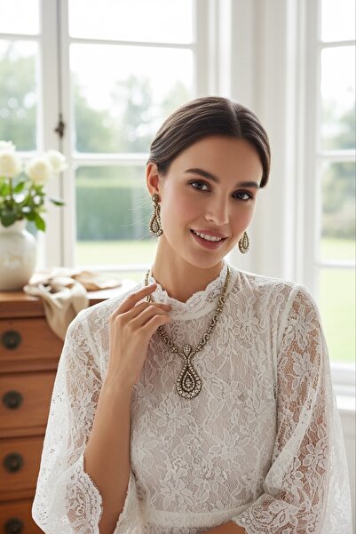 FAYRA ACCESSORIES Zirkon Taşlı Su Damlası Gerdanlık Kolye ve Küpe Seti