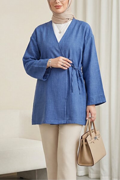 Modamorfo Yandan Bağlamalı Keten Kimono -indigo