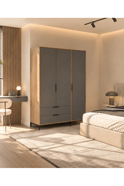 ALONEX HOME Florya 3 Kapılı Gardırop Çekmeceli Antrasit Dolap Modern Yatak Od...